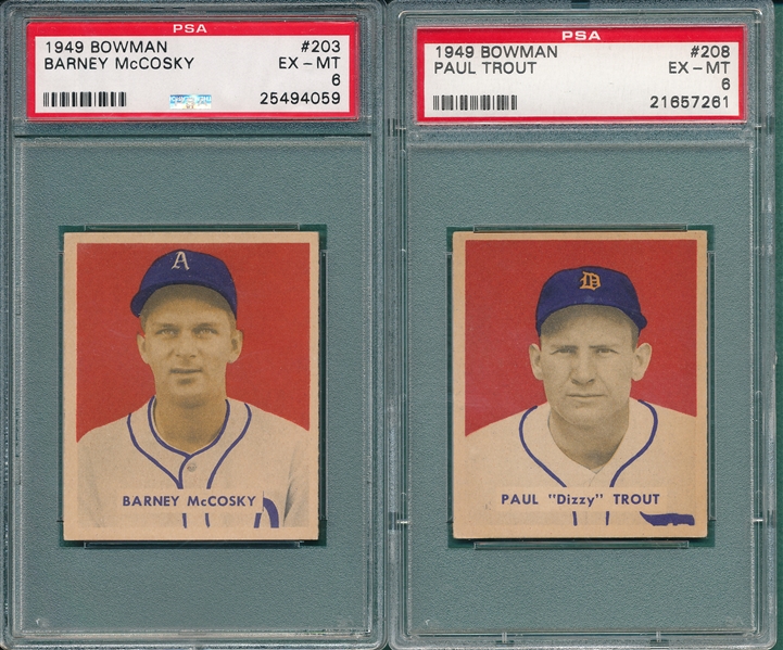 1949 Bowman #203 McCosky & #208 Trout, Hi #s, Lot of (2), PSA 6