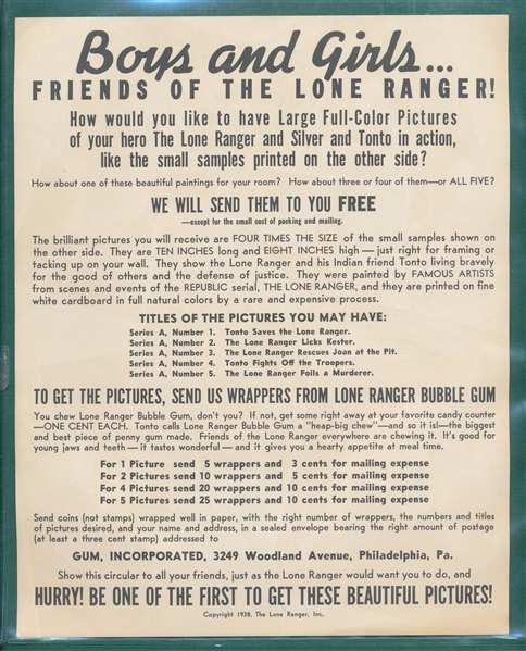 1938 Lone Ranger Advertising Sheet