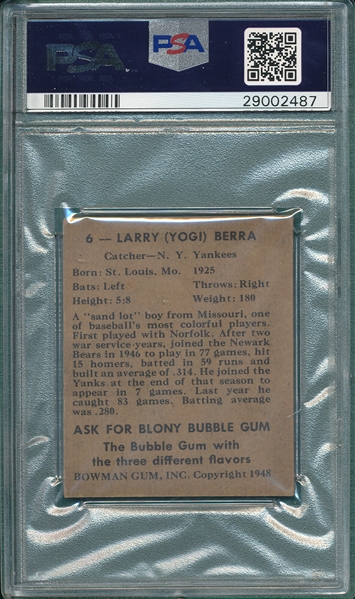 1948 Bowman #6 Yogi Berra PSA Authentic *Rookie*