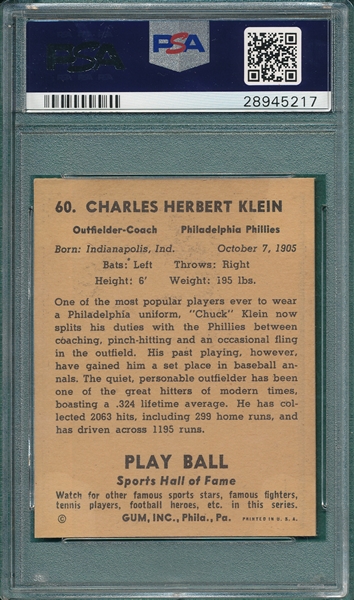 1941 Play Ball #60 Chuck Klein PSA 5