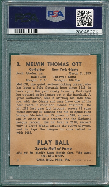 1941 Play Ball #8 Mel Ott PSA 2