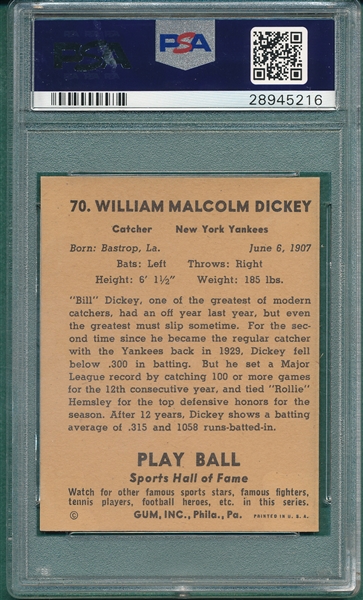 1941 Play Ball #70 Bill Dickey PSA 5 (MC)