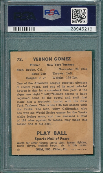1941 Play Ball #72 Lefty Gomez PSA 5 