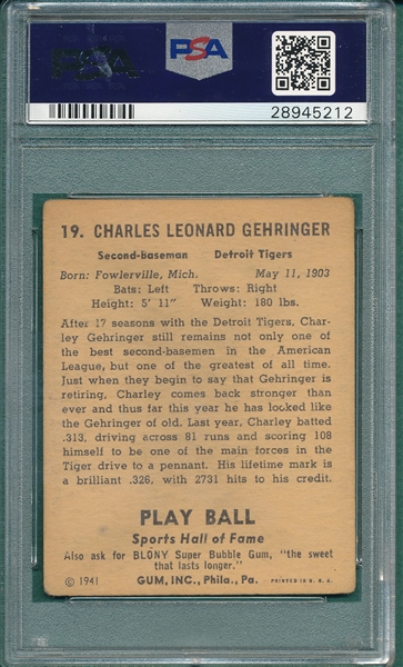 1941 Play Ball #19 Charley Gehringer PSA 2