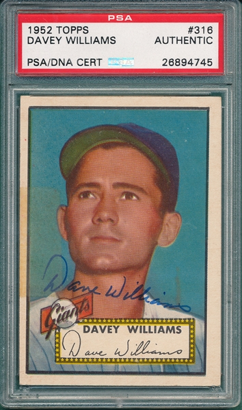 1952 Topps #316 Davey Williams, Signed, PSA/DNA Certified *Hi #* 