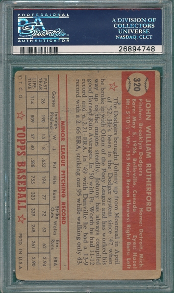 1952 Topps #320 Johnny Rutherford, Signed, PSA/DNA Certified *Hi #* 