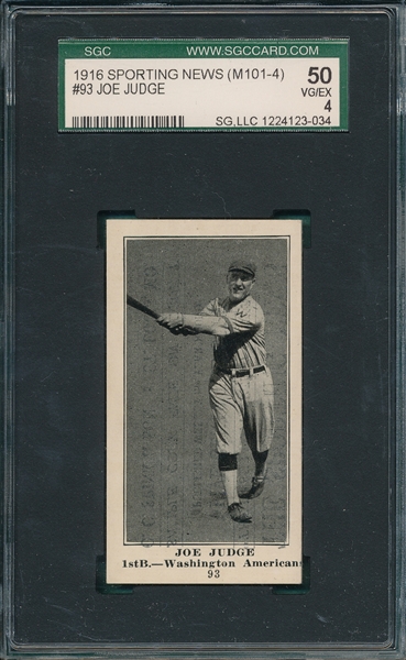 1916 M101-4 #93 Joe Judge, Sporting News SGC 50