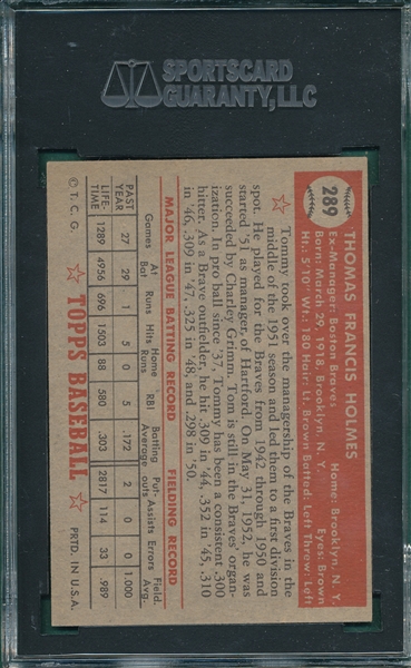 1952 Topps #289 Tommy Holmes SGC 80