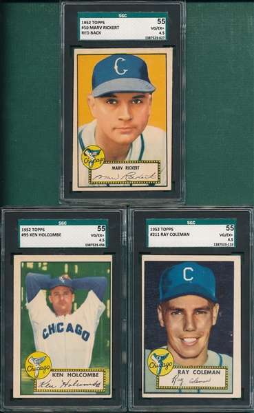 1952 Topps #50 Rickert, Red, #95 Holcombe & #211 Coleman, Lot of (3) SGC 55