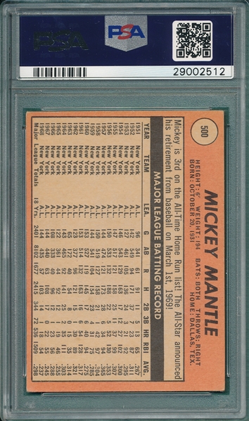 1969 Topps #500 Mickey Mantle PSA 4 *Yellow Letters* 