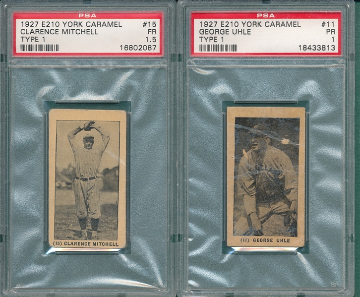 1927 E210-1 #11 George Uhle & #15 Clarence Mitchell, Lot of (2), York Caramels PSA 