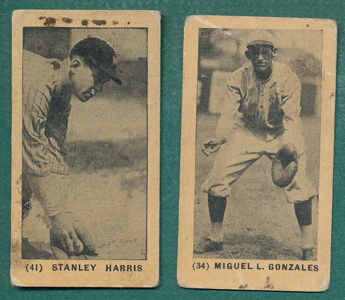 1927 E210-1 #34 Miguel Gonzalez & #41 Stanley Buck Harris, Lot of (2), York Caramels 
