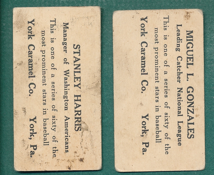 1927 E210-1 #34 Miguel Gonzalez & #41 Stanley Buck Harris, Lot of (2), York Caramels 
