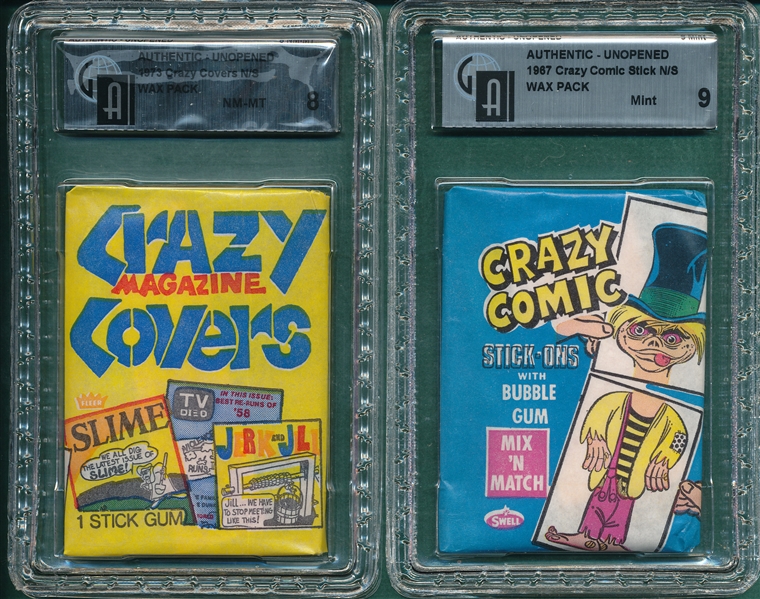 1967-73 Fleer Crazy Magazine Covers & Crazy Comic Stick, Unopened Wax Packs Lot of (2) GAI 