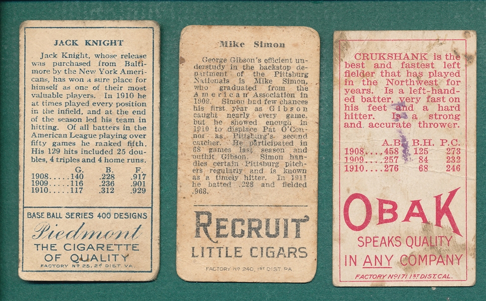1911-12 T Card, Lot of (3) W/ T205 Knight