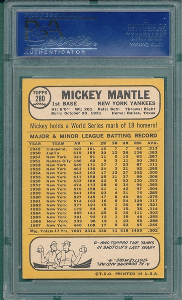 1968 Topps #280 Mickey Mantle PSA 6