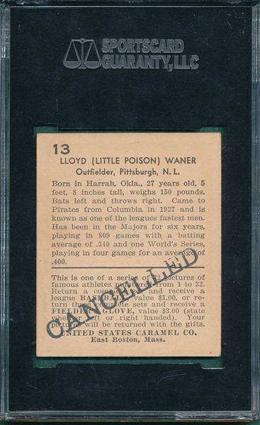 1932 U S Caramels #13 Lloyd Waner SGC 80 *Cancelled*