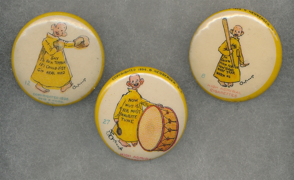 1890s Yellow Kid Pinbacks High Admiral Cigarettes Lot of (3) W/ Baseball
