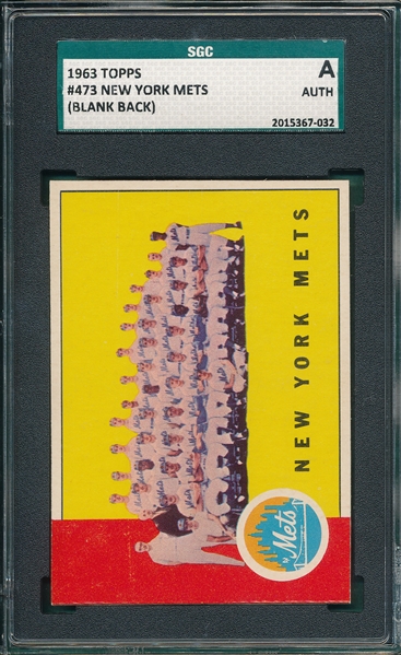 1963 Topps #473 Mets Team SGC Authentic *Blank Back*