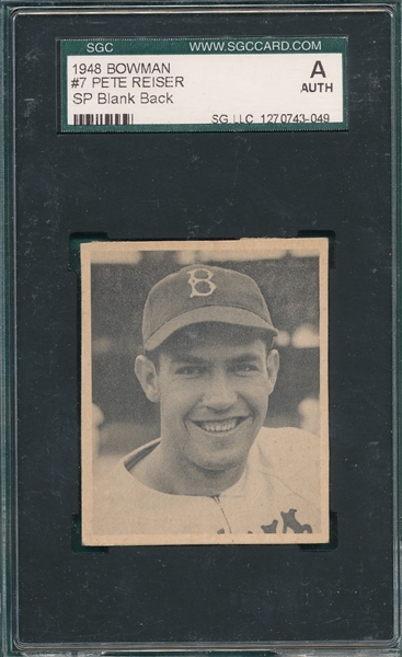 1948 Bowman #7 Pete Reiser SGC Authentic *SP* *Blank Back*