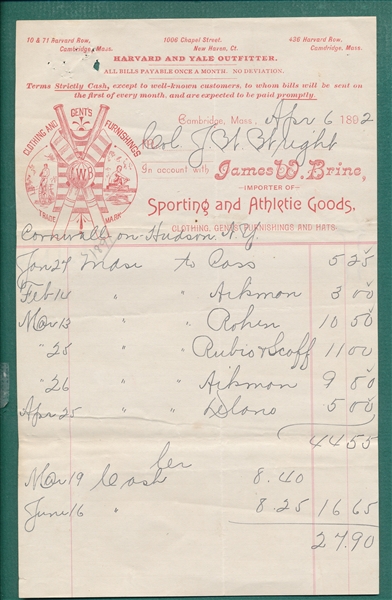 1892 Invoice from Harvard & Yale Outfitters
