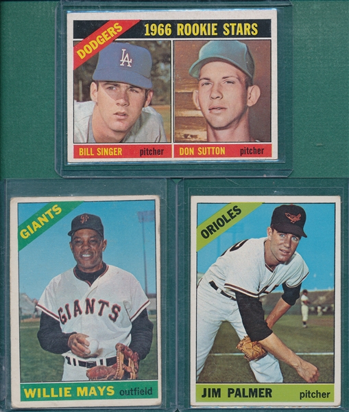 1966 Topps #1 Mays, #126 Palmer, Rookie & #288 Sutton, Rookie, Lot of (3)