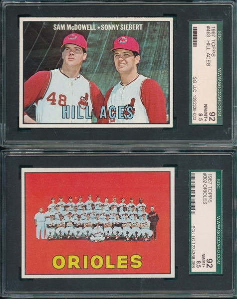 1967 Topps #302 Orioles & #463 Hill Aces, Lot of (2) SGC 92
