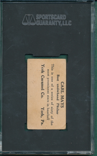 1927 E210-1 #17 Carl Mays York Caramels SGC 2.5