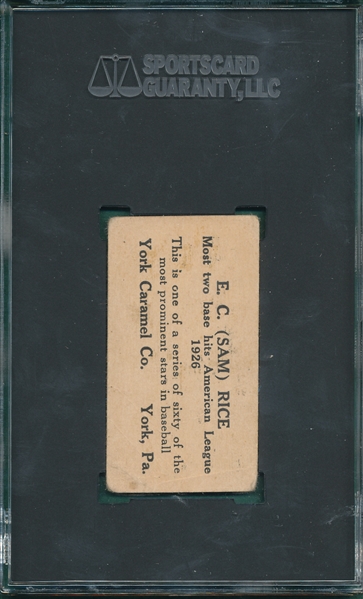 1927 E210-1 #36 Sam Rice York Caramels SGC 1.5