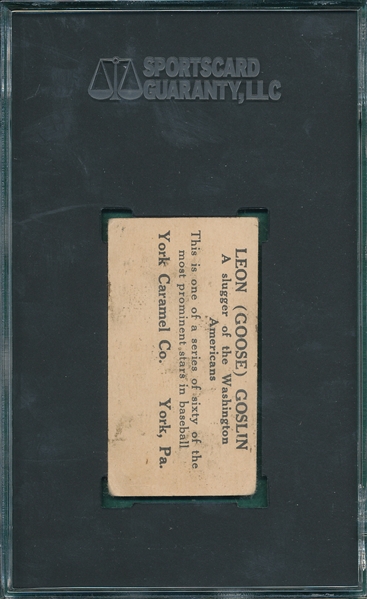1927 E210-1 #49 Leon Goose Goslin York Caramels SGC 2.5