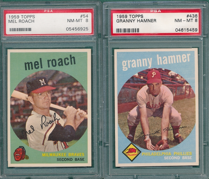 1959 Topps #54 Roach & #436 Hamner, Lot of (2) PSA 8