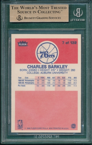 1986 Fleer #7 Charles Barkley BGS 9.5 *Gem Mint* *Rookie*