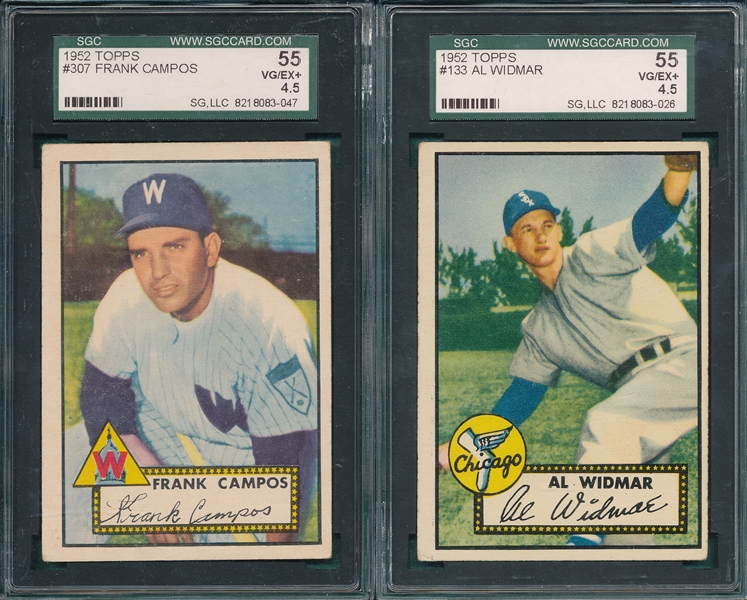 1952 Topps #133 Widmar & #307 Campos, Lot of (2), SGC 55