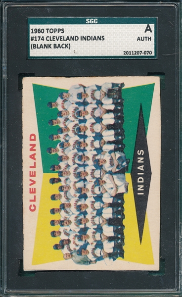 1960 Topps #174 Indians Team SGC Authentic *Blank Back*