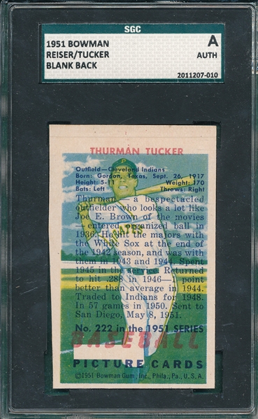 1951 Bowman Reiser/Tucker, Blank Back SGC Authentic