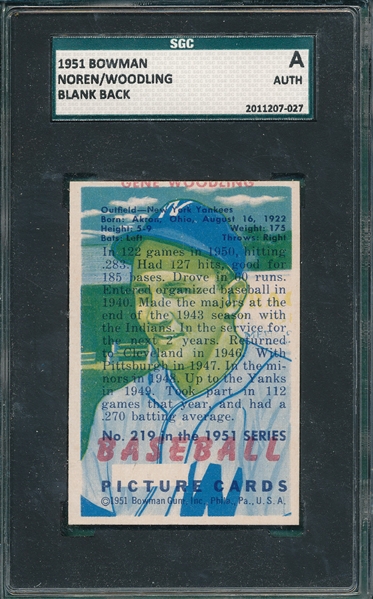 1951 Bowman Noren/Woodling, Blank Back SGC Authentic