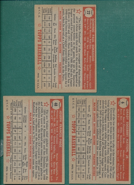 1952 Topps #6 Hatton, #22 DiMaggio & #48 Page, Lot of (3) *Red Backs*