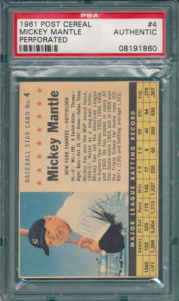 1961 Post Cereal #4 Mickey Mantle, Perforated, PSA Authentic