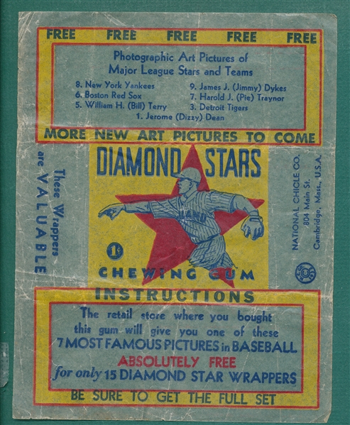 1934-36 Diamond Stars Baseball Wrapper, Yellow, Checklist