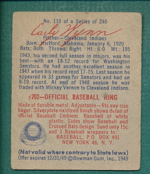 1949 Bowman #110 Early Wynn, Rookie 
