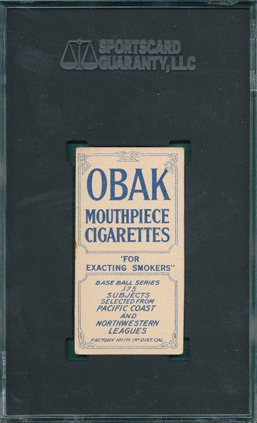 1910 T212-2 Fisher, Vernon, Obak Cigarettes SGC Authentic