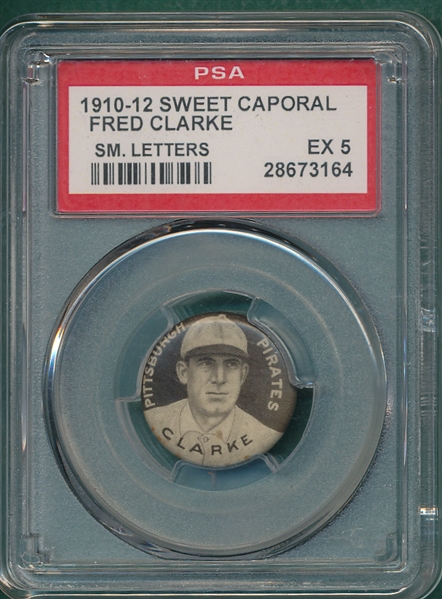 1910-1912 P2 Pins, Fred Clarke, Sm. Letters, Sweet Caporal Cigarettes, PSA 5