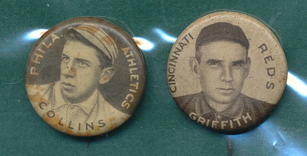 1910-1912 P2 Pins, Griffith & Eddie Collins Sweet Caporal Cigarettes, Lot of (2) 