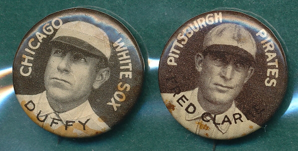 1910-1912 P2 Pins, Duffy & Fred Clarke, Sweet Caporal Cigarettes, Lot of (2) 