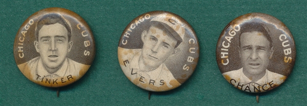 1910-1912 P2 Pins, Tinker, Evers, Chance, Sweet Caporal Cigarettes, Lot of (3) 