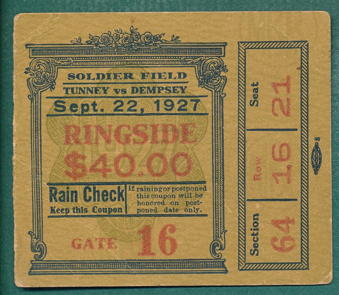 Dempsey vs Tunney Ticket Stub, September 22, 1927