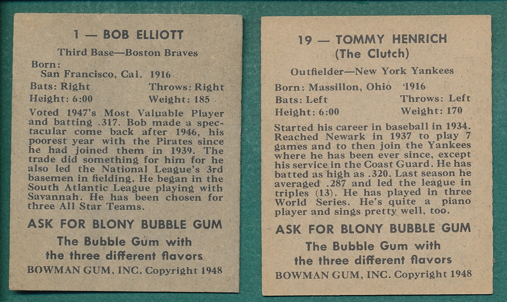 1948 Bowman #1 Elliott & #19 Henrich, Lot of (2) *Crease Free*