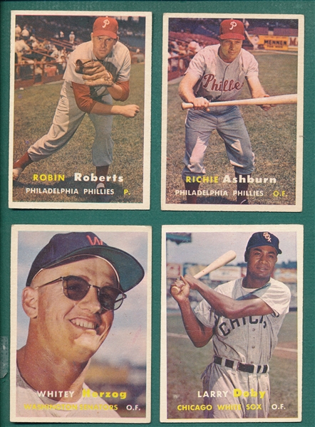 1957 Topps Lot of (4) HOFers, W/ #29 Whitey Herzog, Rookie, *Crease Free*
