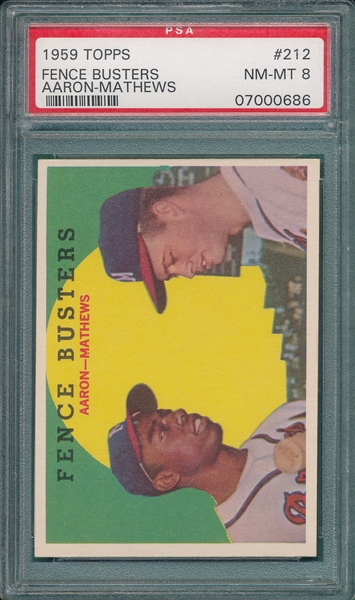 1959 Topps #212 Fence Busters W/ Mathews & Aaron, PSA 8