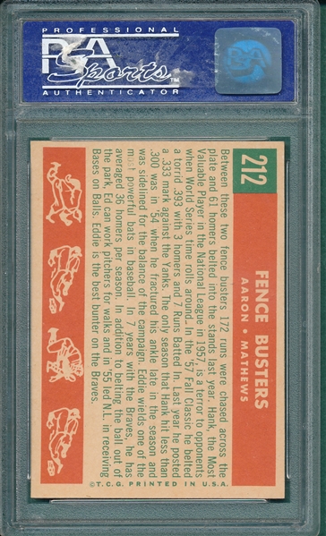 1959 Topps #212 Fence Busters W/ Mathews & Aaron, PSA 8